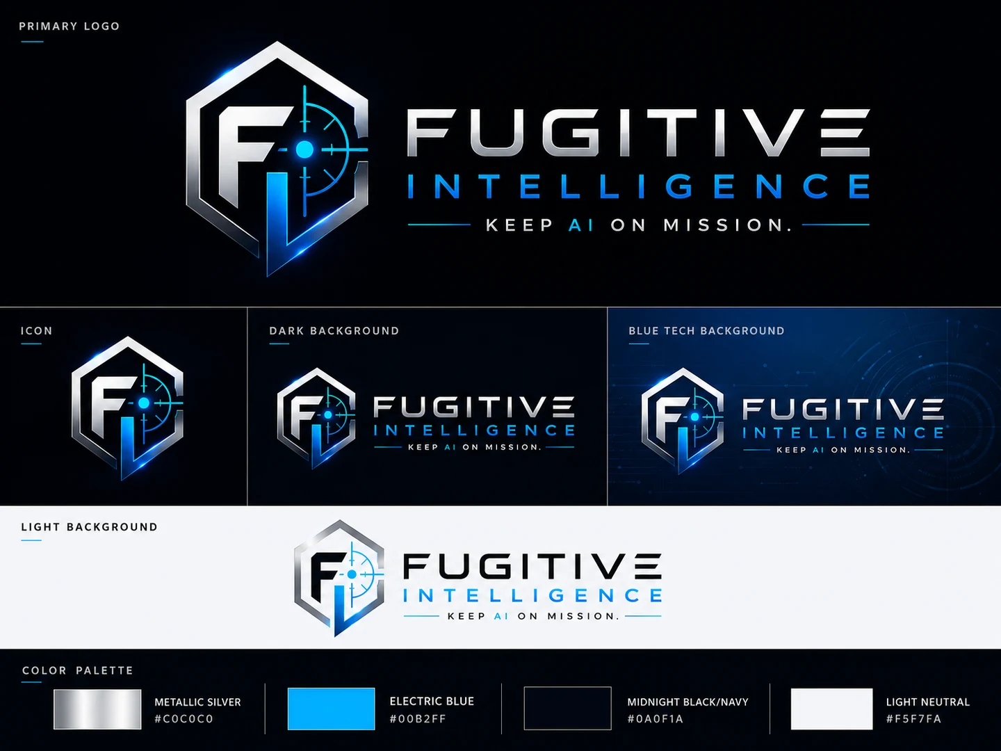 Fugitive Intelligence identity board showing the primary logo, icon, dark, blue technology, and light-background applications with the approved color palette.