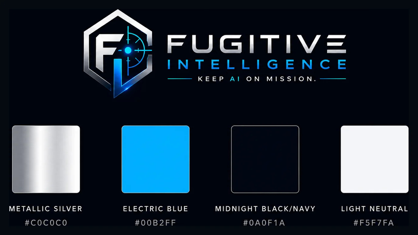 Fugitive Intelligence logo and the metallic silver, electric blue, midnight black navy, and light neutral color swatches.