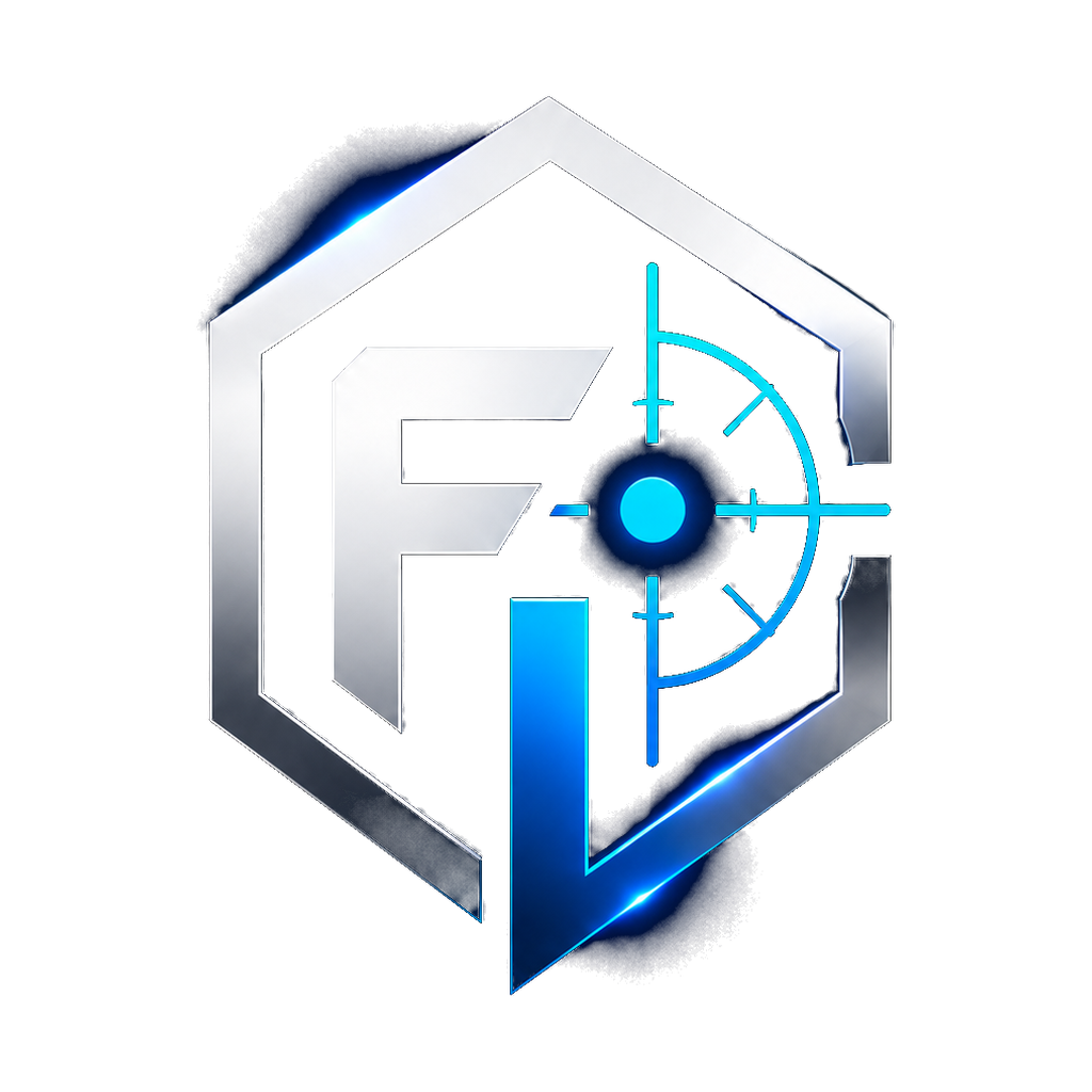Fugitive Intelligence metallic F/I control mark with an electric-blue targeting grid.
