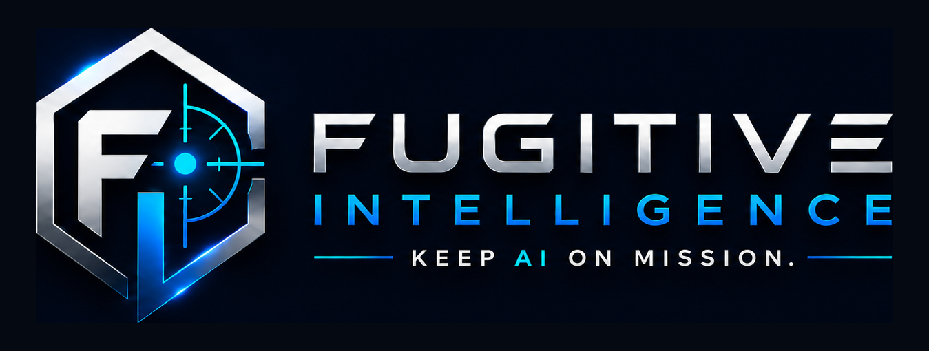 Fugitive Intelligence silver and electric-blue logo on a midnight background.