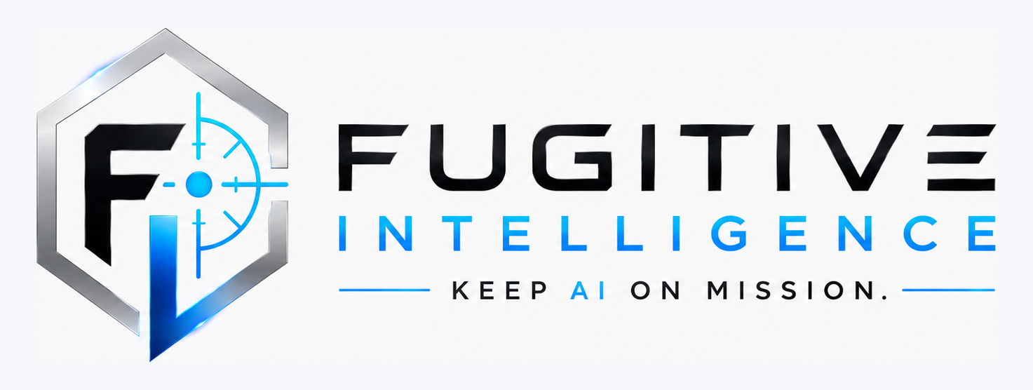 Fugitive Intelligence black, silver, and electric-blue logo on a light neutral background.